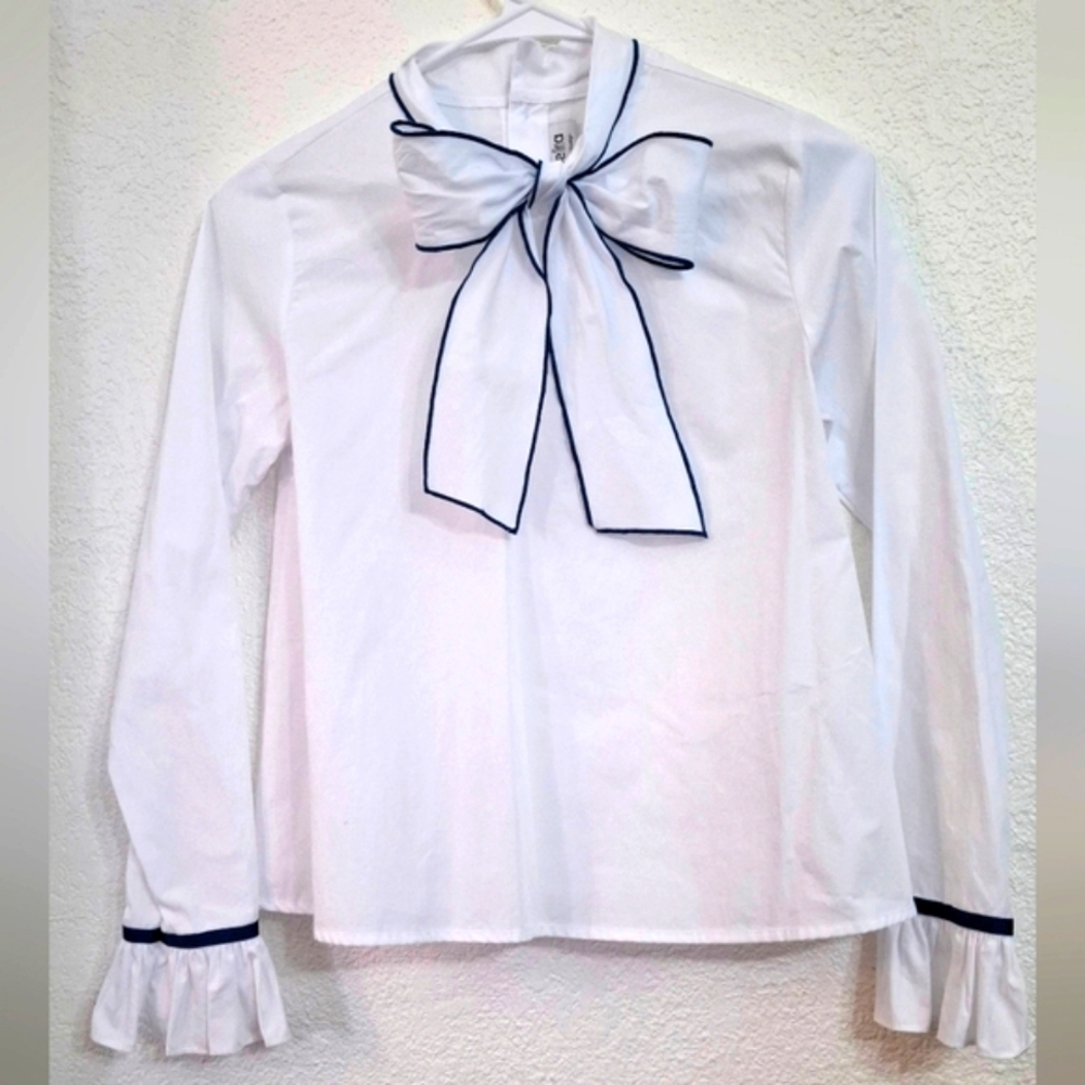 EPK (Sz 14) Girls. White Blouse With Blue Trim Bow. Preowned